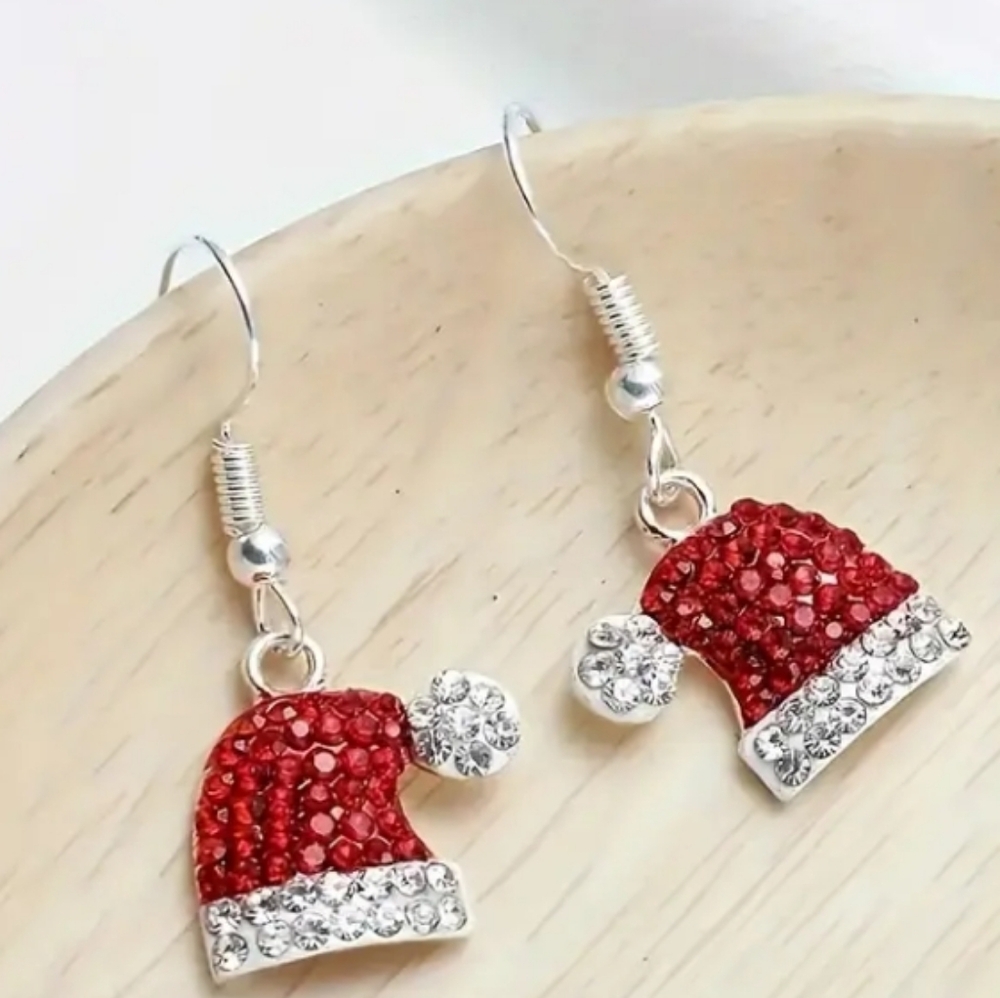 Christmas Sterling Festive Red and Silver Santa Hat Drop Earrings Christmas